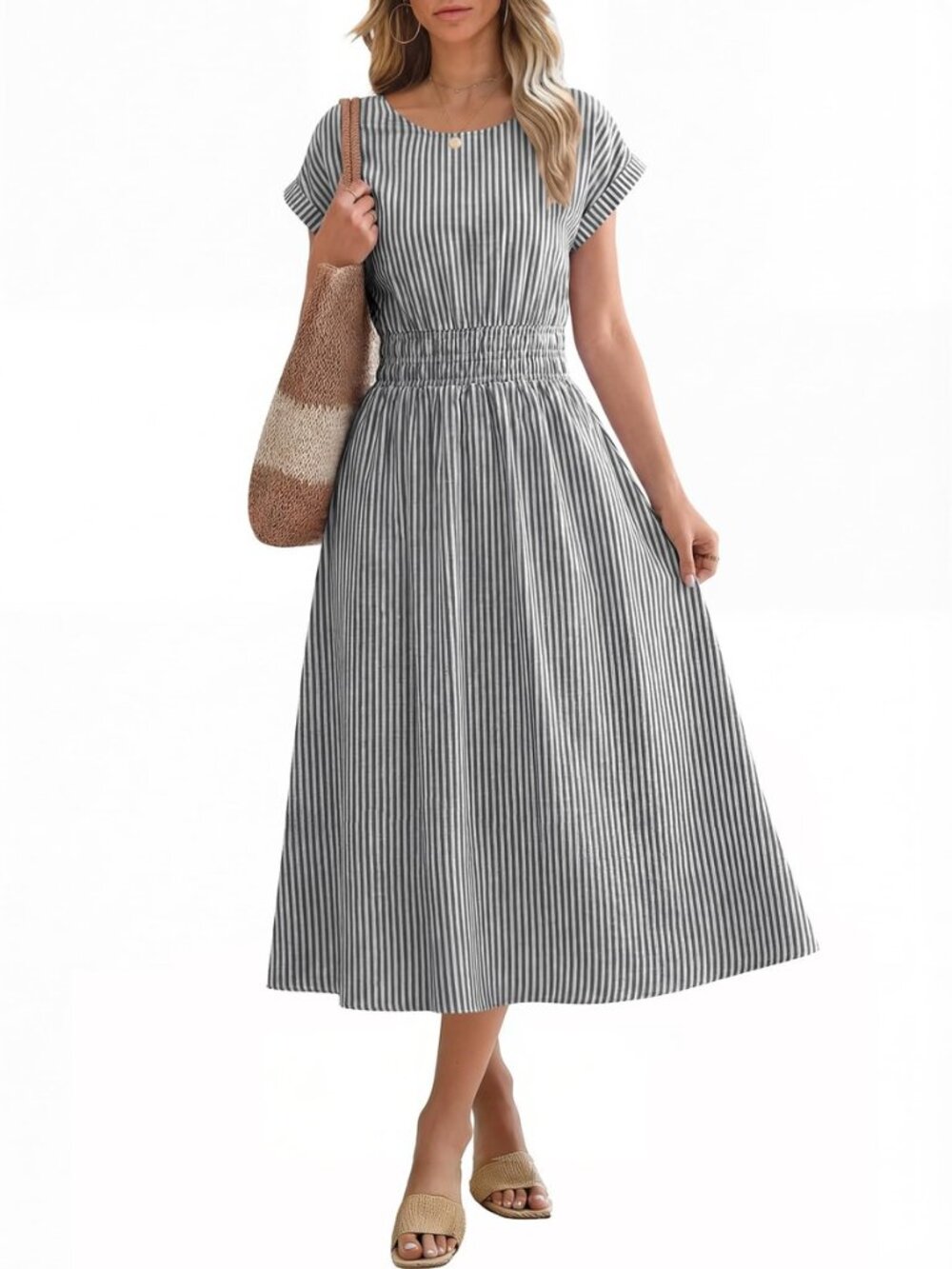 Womens Summer Midi Dress Striped Casual Short Sleeve Crewneck Elastic Waist 2026